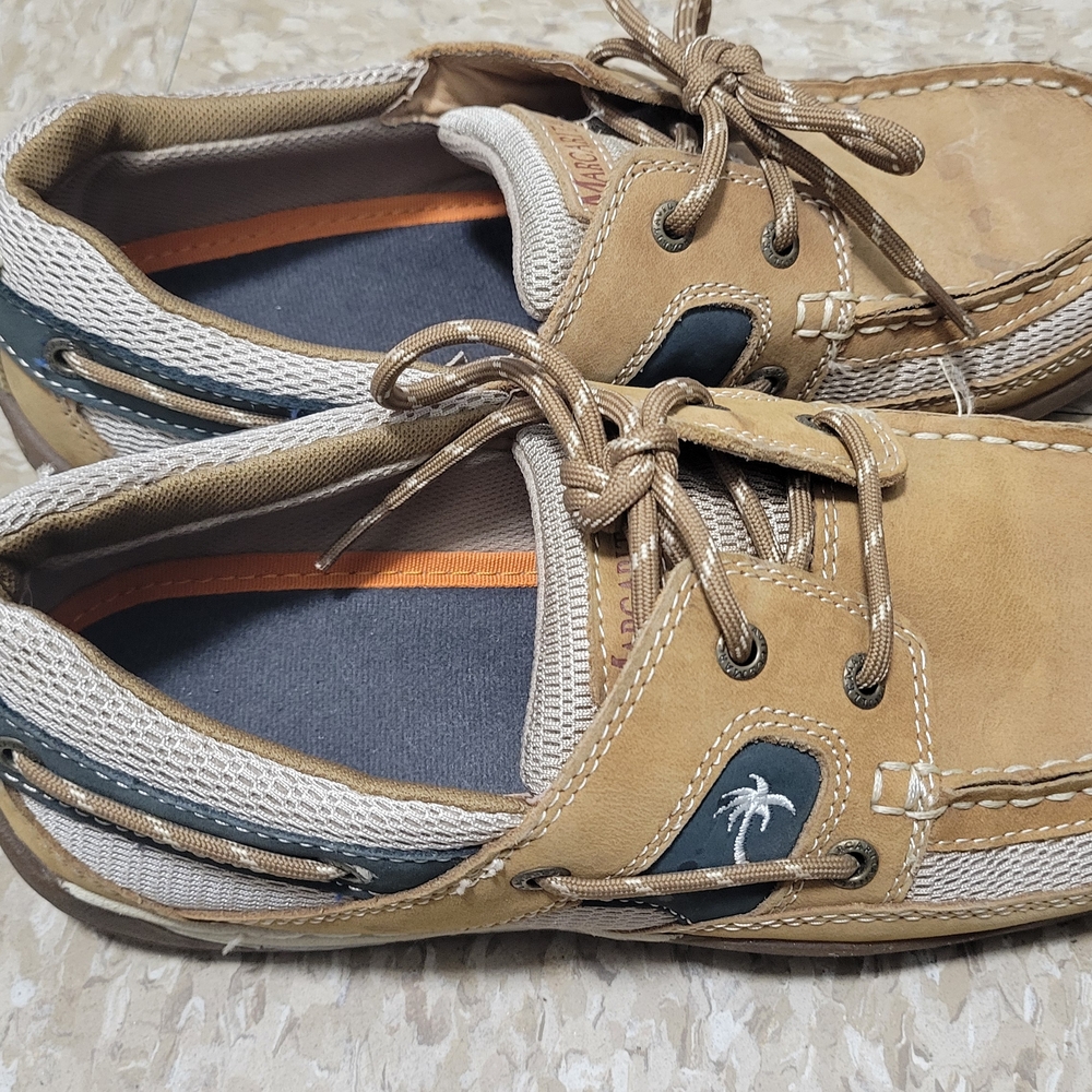 Margaritaville Tan and Blue Boat Shoes with Palm Detail